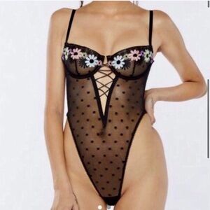 Sevage x Fenty Floral Embroidery Mesh  Teddy in black size L